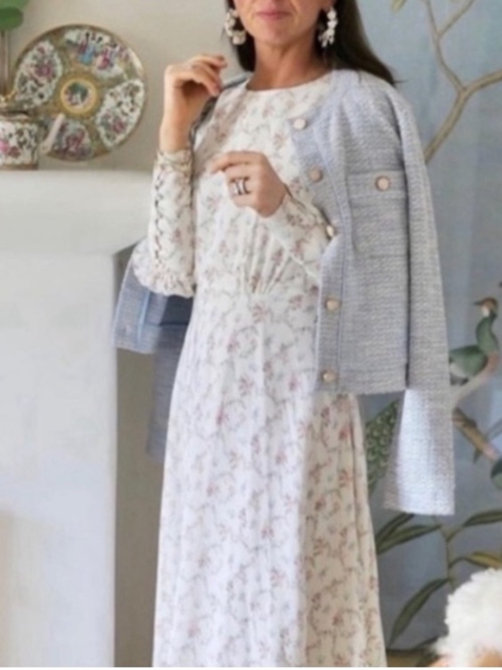 ANTONIO MELANI BORN ON FIFTH White Blue Pink Floral Long Sleeve Midi Dress